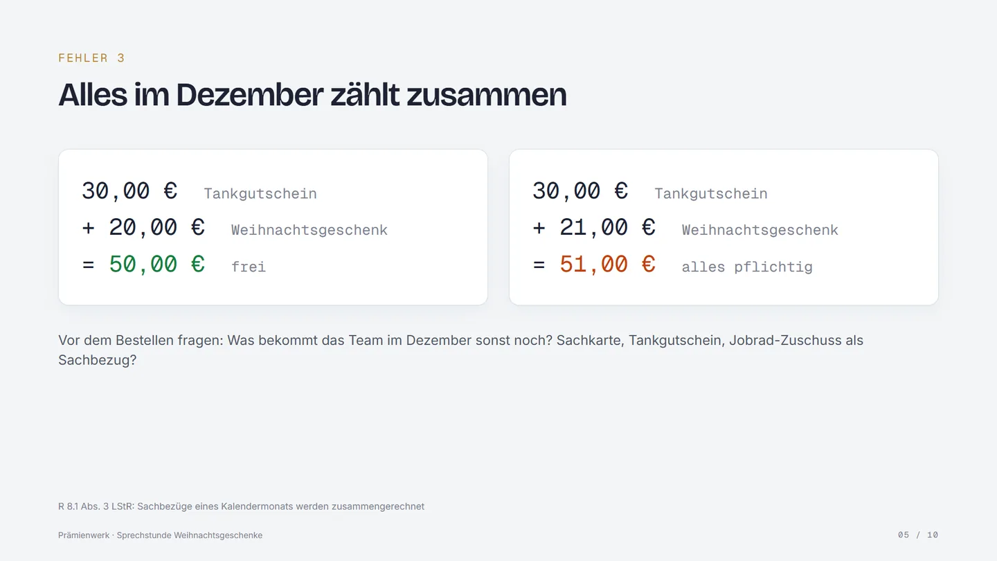 Folie: 30 € Tankgutschein plus 20 € Weihnachtsgeschenk sind 50 € und frei, mit 21 € Geschenk sind es 51 € und alles ist pflichtig.