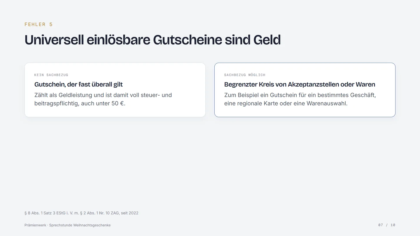 Folie: Gutscheine, die fast überall gelten, sind kein Sachbezug; Gutscheine für einen begrenzten Kreis von Akzeptanzstellen oder Waren schon.